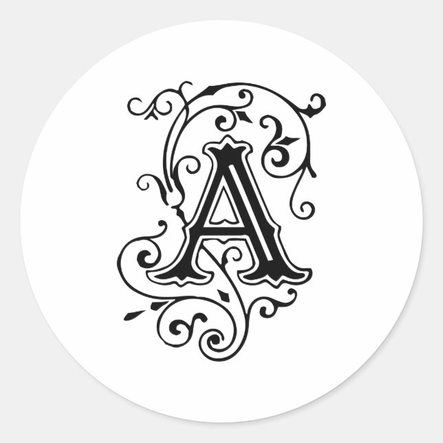 Elegant Victorian Style Letter A Monogram Classic Round Sticker (Front)