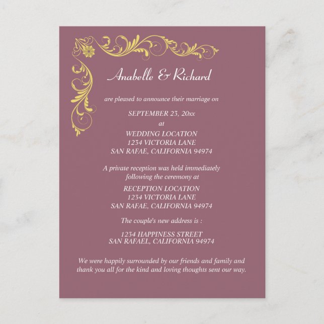 Elegant Victorian Wedding Announcement Postcard (Front)