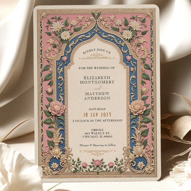 Elegant Victorian Wedding Pink & Blue Florals Invitation (Creator Uploaded)