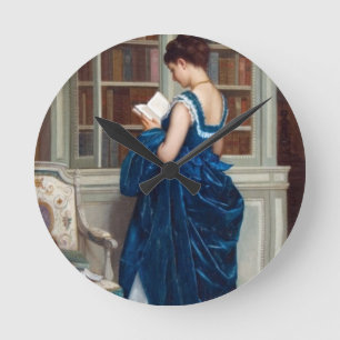 Elegant Victorian Woman Reading in Library  Round Clock