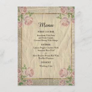 Elegant Vinatge Dictionary Print with Roses Menu
