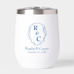 Elegant Vine Crest Couple Monogram + Date Cobalt