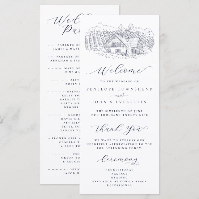 Elegant Vineard Illustration Destination Wedding Program (Front/Back)