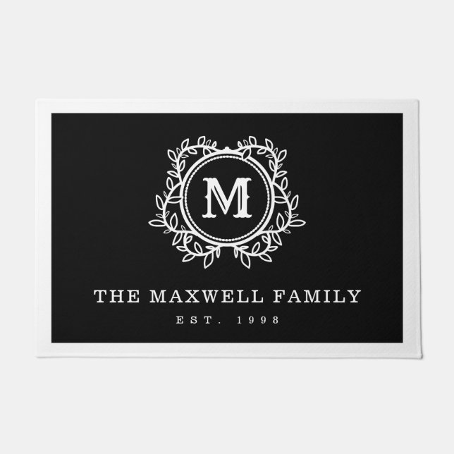 Elegant Vines Black White Monogram Doormat (Front)