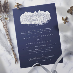 Elegant Vineyard Drawing Navy Blue Formal Wedding Invitation