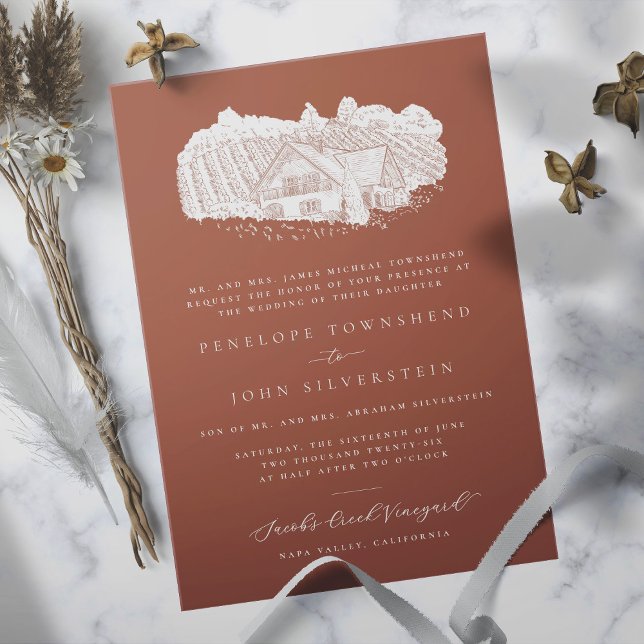 Elegant Vineyard Drawing Orange Formal Wedding  Invitation (Burnt orange formal wedding invitation with an illustration of a vineyard)