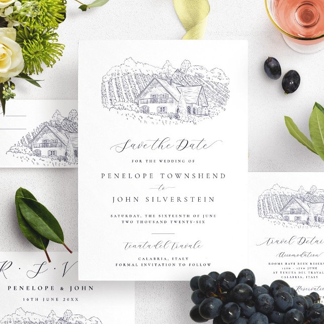 Elegant Vineyard Illustration Destination Wedding Save The Date (Elegant Vineyard Illustration Destination Wedding Save The Date)