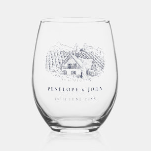 Elegant Vineyard Illustration Destination Wedding Stemless Wine Glass