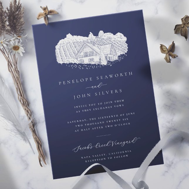 Elegant Vineyard Illustration Navy Wedding Invitation (navy blue elegant wedding invitation with an illustration of a vineyard)