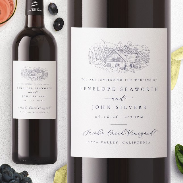Elegant Vineyard Illustration Wedding Invitation Wine Label (Elegant Vineyard Illustration Wedding Invitation Wine Label)