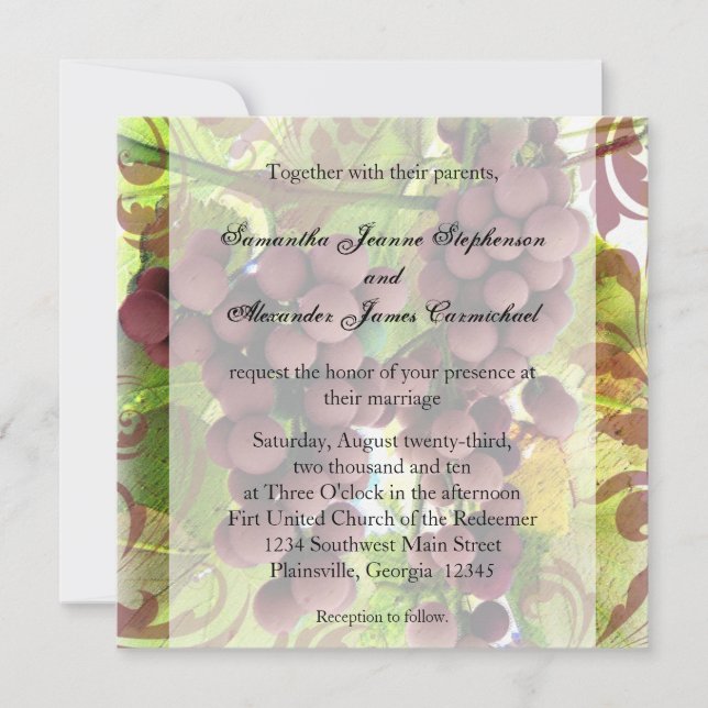 Elegant Vineyard Purple/Green Grapes Wedding Invitation (Front)
