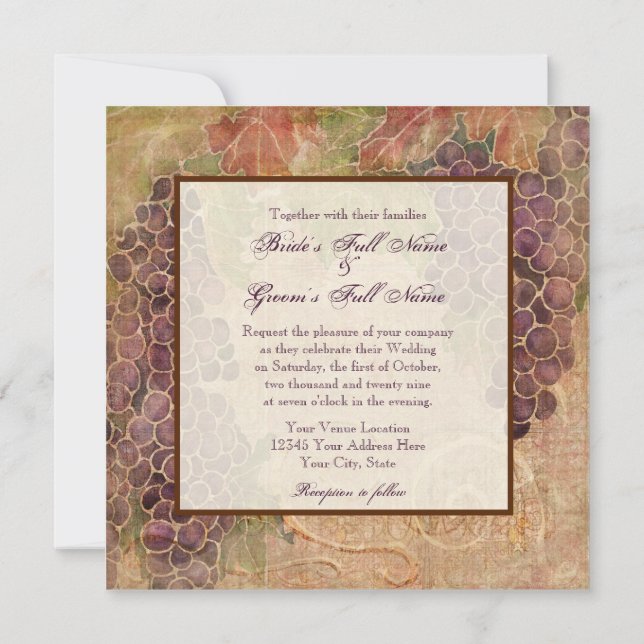 Elegant Vineyard Rustic Winery Grapes Wedding Invitation (Back)
