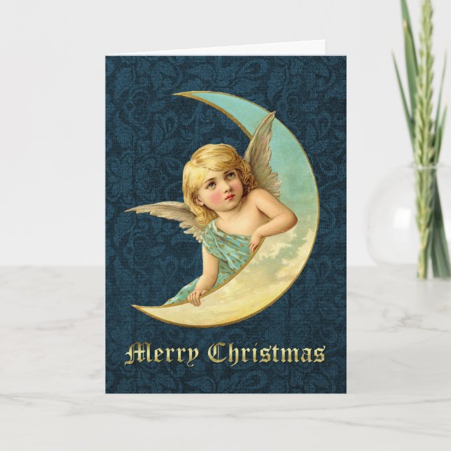 Elegant Vintage Angel & Moon Custom Christmas Holiday Card (Front)
