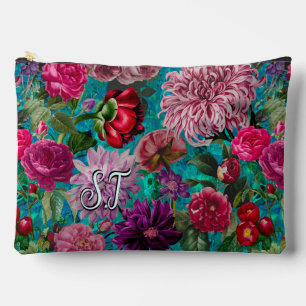 Elegant Vintage aqua blue Floral monogram Accessory Pouch