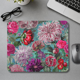 Elegant Vintage aqua blue Floral monogram Mouse Pad