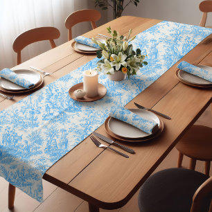 Elegant vintage aqua blue toile de jouy printed short table runner