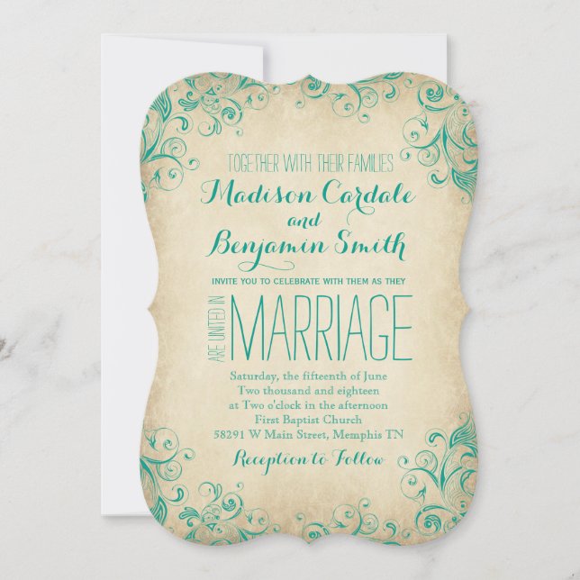 Elegant Vintage Aqua Flourish Wedding Invitations (Front)