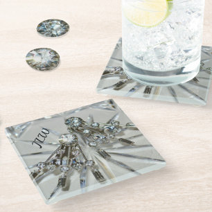 Elegant Vintage Art Deco Rhinestones with Initials Glass Coaster