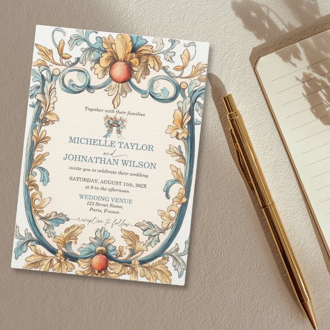 Elegant Vintage Art Nouveau Blue and Gold Invitation (bow and art nouveau frame blue and gold wedding invitation)