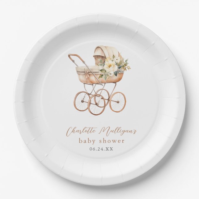 Elegant Vintage Baby Carriage Shower Paper Plate (Front)