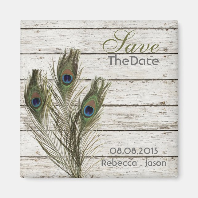 elegant vintage barnwood peacock save the date magnet (Front)