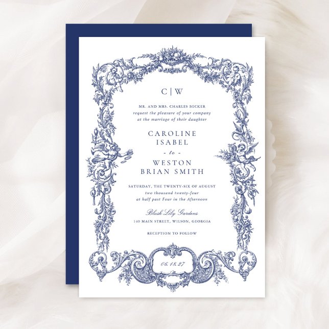Elegant Vintage Baroque French Blue Frame Wedding Invitation (Creator Uploaded)