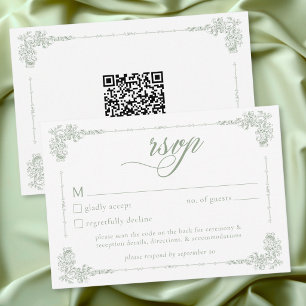 Elegant Vintage Baroque Sage Green Wedding QR RSVP Card
