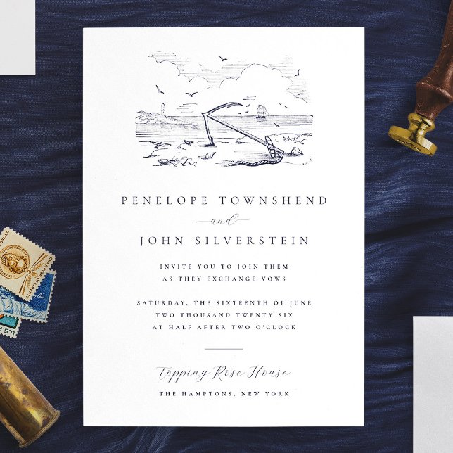 Elegant Vintage Beach Anchor Illustration Wedding Invitation (Elegant Vintage Beach Anchor Illustration Wedding Invitation)