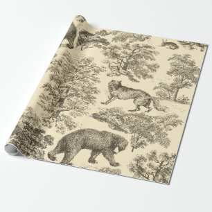 Elegant Vintage Bear Trees Beige Toile Seamless Wrapping Paper