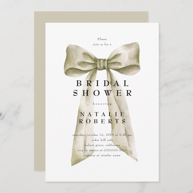 Elegant Vintage Beige Bow Bridal Shower Invitation (Front/Back)