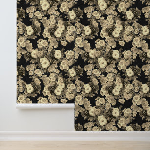 Elegant Vintage Beige Brown Flowers on Black Wallpaper