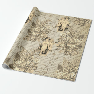 Elegant Vintage Beige Flowers Angels Old Script Wrapping Paper