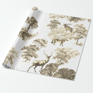 Elegant Vintage Beige Toile Deer Fox Woodland Wrapping Paper
