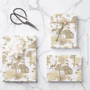 Elegant Vintage Beige Toile Deer Fox Woodland Wrapping Paper Sheet