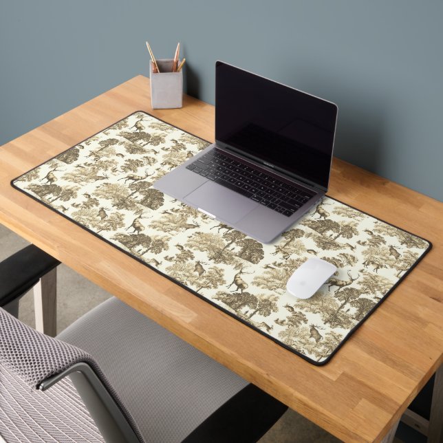 Elegant Vintage Beige White Deer Toile Desk Mat (Office 2)