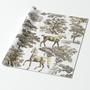 Elegant Vintage Beige White Horses in Woods Toile  Wrapping Paper