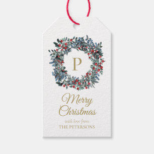 Elegant Vintage Berries Wreath with Gold Monogram Gift Tags