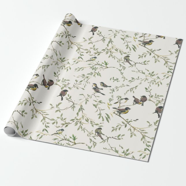 Elegant Vintage Bird and Branch Pattern  Wrapping Paper (Unrolled)