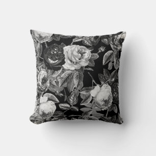 Elegant Vintage Black and White Roses Floral Cushion