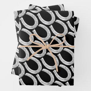 Elegant Vintage Black Equestrian Horseshoe Gifting Wrapping Paper Sheet