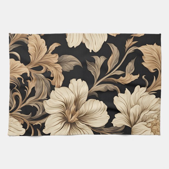 Elegant Vintage Black Floral Pattern Tea Towel (Horizontal)