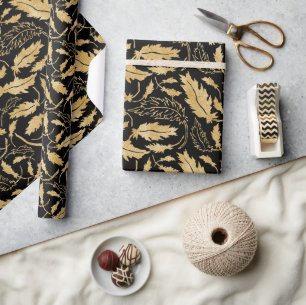 Elegant Vintage Black Gold Leaf Pattern Wrapping Paper