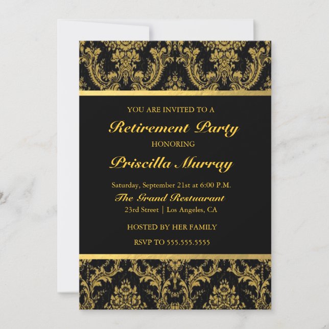 Elegant Vintage Black&Gold Womans Retirement Party Invitation (Front)