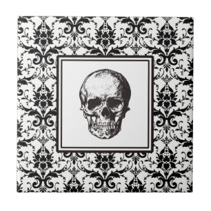 Elegant Vintage Black Gothic Damask Skull Tile