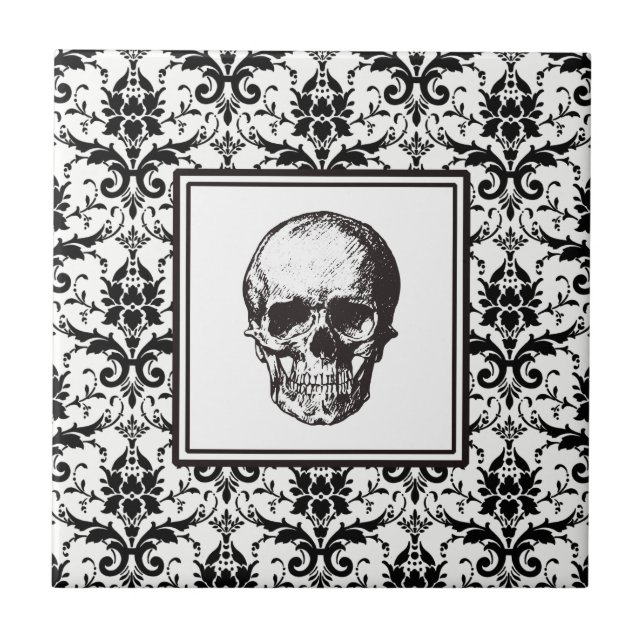 Elegant Vintage Black Gothic Damask Skull Tile (Front)
