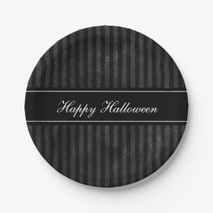 Elegant Vintage Black Stripes Happy Halloween Paper Plate