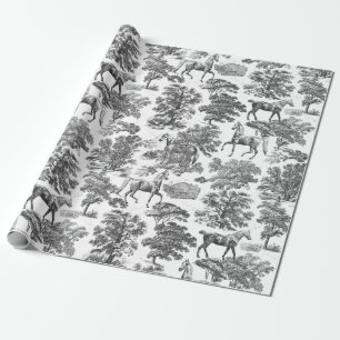 Elegant Vintage Black White Horses in Woods Toile  Wrapping Paper