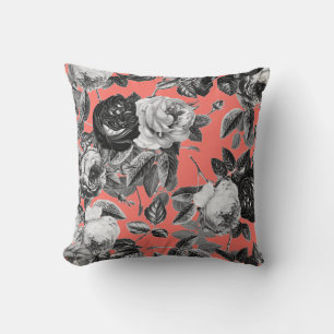 Elegant Vintage Black White Roses Coral Pink Cushion