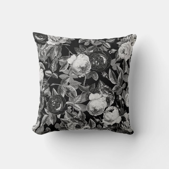 Elegant Vintage Black White Roses on Black Cushion (Front)