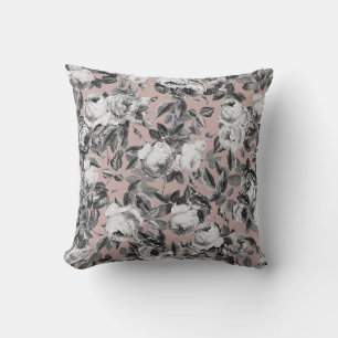 Elegant Vintage Black White Roses on Dusty Rose Cushion